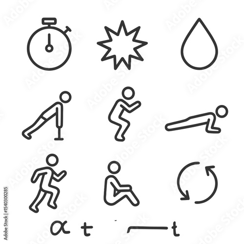 Icon Set Fusion. Outline icon set of HIIT session dynamics: interval timer, explosion spark, sweat droplet, burpee silhouette,