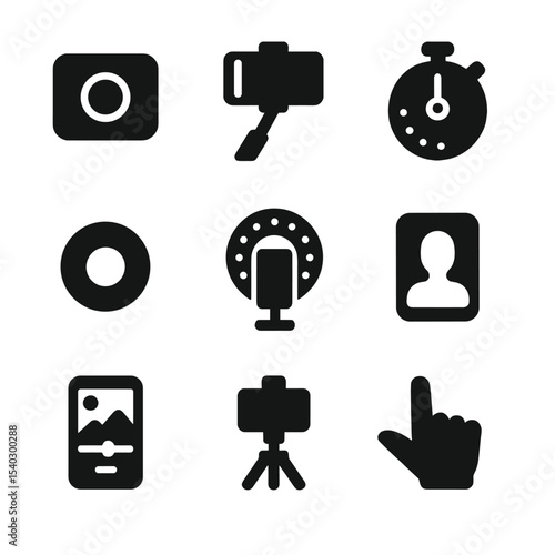 Mobile Photography Icons. Solid, filled icons set of mobile photography and self-shooting: smartphone camera,