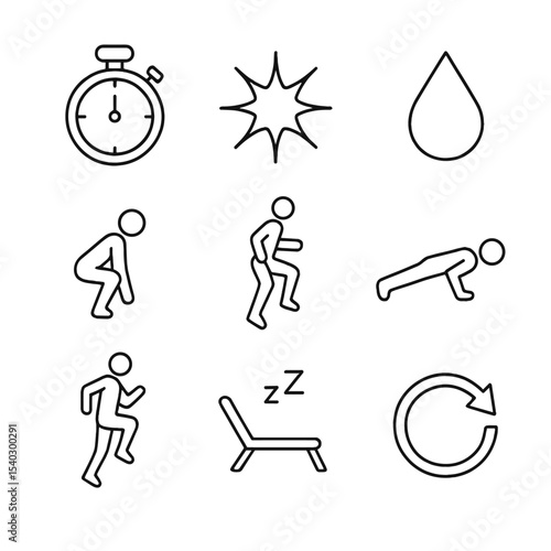 Icon Set Fusion. Outline icon set of HIIT session dynamics: interval timer, explosion spark, sweat droplet, burpee silhouette,