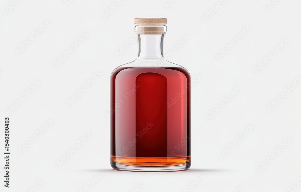 Elegant glass bottle filled with rich amber liquid, showcasing smooth curves and a wooden cork, perfect for beverage packaging and branding purposes Elegant glass bottle filled with rich amber liquid, showcasing smooth curves and a wooden cork, perfect for beverage packaging and branding purposes