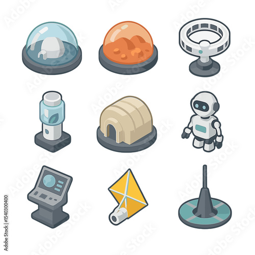 Futuristic Space Icons. Isometric Flat icon set of futuristic space settlement concepts: lunar base dome, Martian colony dome,