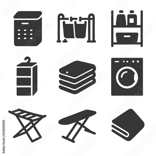 Modern Laundry Icons. Solid, filled icons set of modern laundry accessories: hamper with lid, laundry sorters,