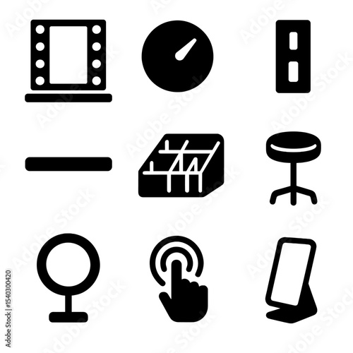 Modern Vanity Icons. Solid, filled icons set of modern LED vanity stations: LED mirror, dimmer switch, USB