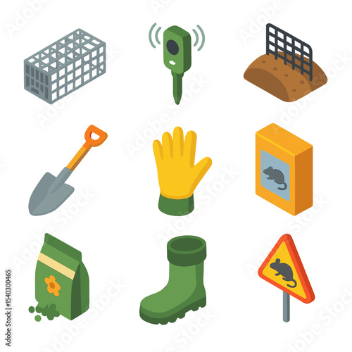 Garden Pest Icon Set. Isometric Flat icon set of garden pest control: trap cage, ultrasonic repeller, mole barrier fence,