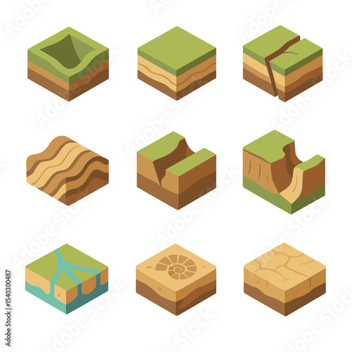 Geological Icon Grid. Isometric Flat icon set of geological furrow formations: tectonic trough, sedimentary layer, fault line,