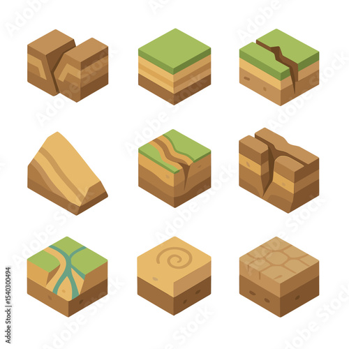 Geological Icon Grid. Isometric Flat icon set of geological furrow formations: tectonic trough, sedimentary layer, fault line,