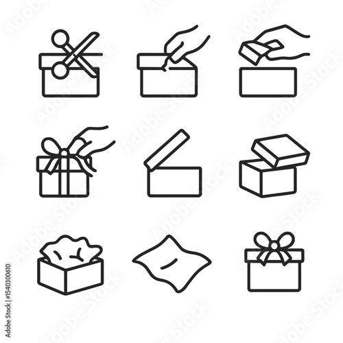 Gift Unwrapping Icons. Outline icon set of unwrapping sequence: scissors cut, tear tape, lift flap, remove ribbon, open lid, slide