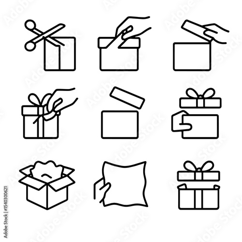 Gift Unwrapping Icons. Outline icon set of unwrapping sequence: scissors cut, tear tape, lift flap, remove ribbon, open lid, slide