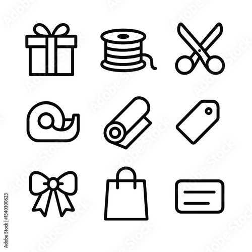 Gift Wrapping Icons. Outline icon set of gift wrapping essentials: gift box, ribbon roll, scissors, tape dispenser, wrapping paper