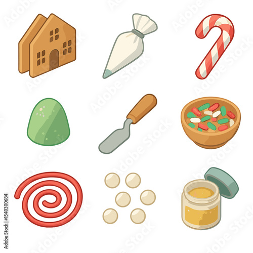 Gingerbread House Kit. Isometric Flat icon set of gingerbread house decorating kit: gingerbread panels, royal icing bag, candy