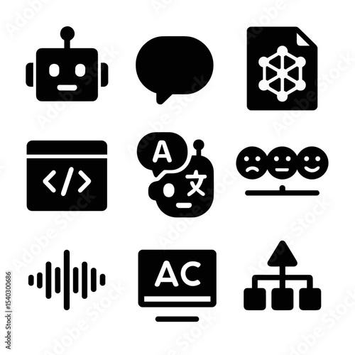 NLP Icon Set. Solid, filled icons set of natural language processing: chatbot face, speech bubble, language