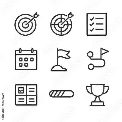 Goal Setting Icons. Outline icon set of goal setting: target, dartboard, checklist, calendar, milestone flag, roadmap, vision
