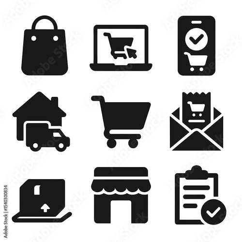 Online Shopping Icons. Solid, filled icons set of online shopping delivery: e-commerce bag, laptop order,