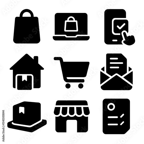 Online Shopping Icons. Solid, filled icons set of online shopping delivery: e-commerce bag, laptop order,