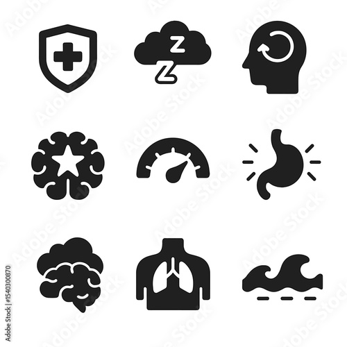 Opioid Effects Icons. Solid, filled icons set of opioid effects on cognition: pain relief icon, sedation cloud