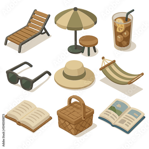 Golf Leisure Icons. Isometric Flat icon set of golf leisure lifestyle: patio lounge chair, side table umbrella, iced drink glass,
