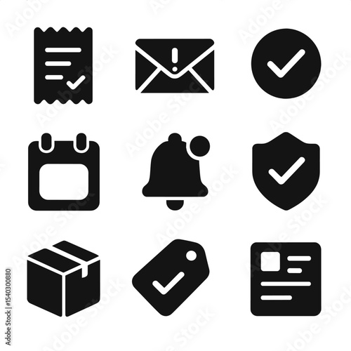 Order Icons Grid. Solid, filled icons set of order confirmation and status: receipt, email alert, verified
