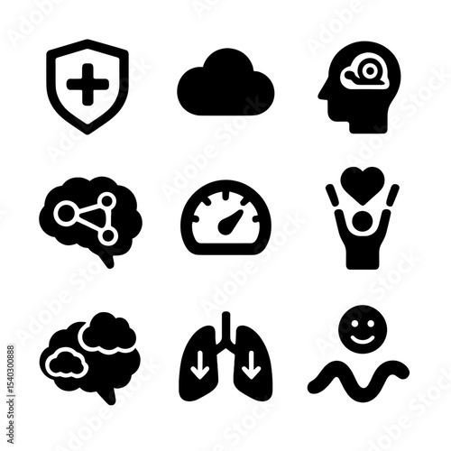 Opioid Effects Icons. Solid, filled icons set of opioid effects on cognition: pain relief icon, sedation cloud