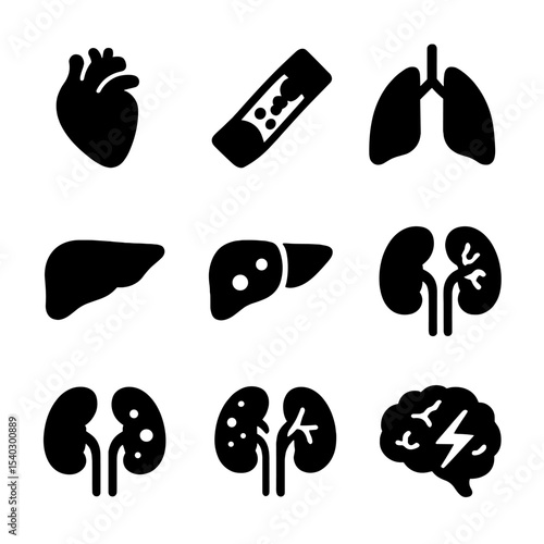 Organ Health Icons. Solid, filled icons set of healthy vs. unhealthy organs illustration: healthy heart,