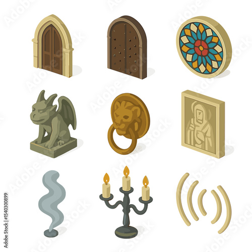 Gothic Cathedral Icon Set. Isometric Flat icon set of Gothic cathedral door icons: pointed arch, iron studded door, stained glass
