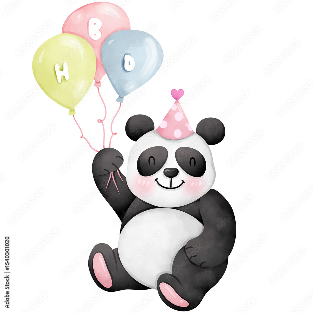 Obraz premium Hand-painted watercolor birthday theme panda cartoon
