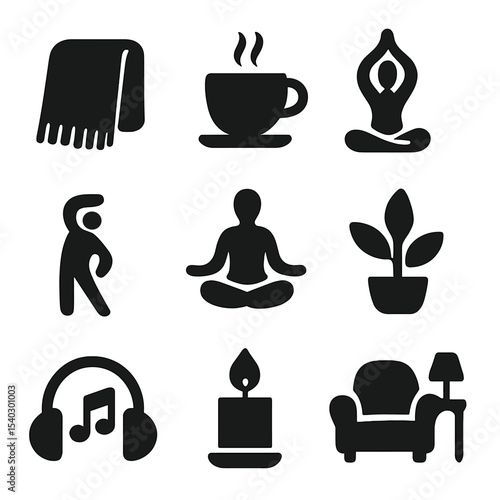 Peaceful Home Rituals Icons. Solid, filled icons set of peaceful home rituals: cozy blanket, cup of tea, yoga