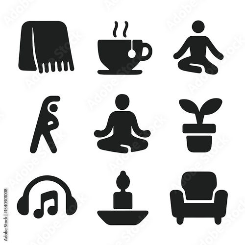 Peaceful Home Rituals Icons. Solid, filled icons set of peaceful home rituals: cozy blanket, cup of tea, yoga