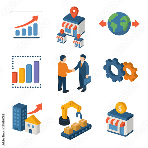 Growth Strategies Icons. Isometric Flat icon set of growth strategies: scaling graph, franchising, market expansion,
