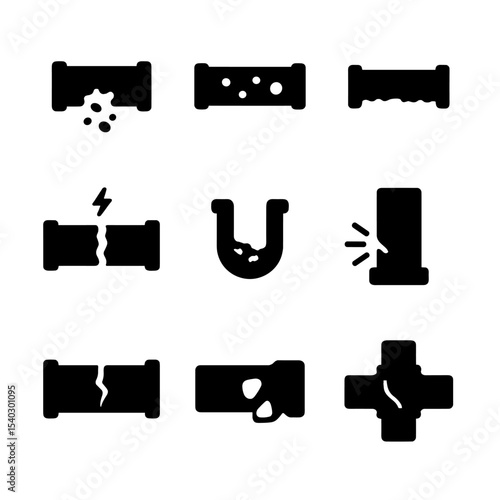Pipe Corrosion Icons. Solid, filled icons set of pipe corrosion types: rusted pipe, pitting corrosion, uniform