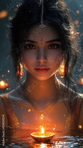 Indian Woman Holding Lit Candle in Water During a Festive Night