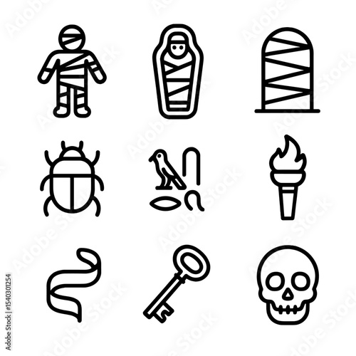 Halloween Mummy Icon Set. Outline icon set of Halloween mummy theme: mummy figure, sarcophagus, wrapped tomb, scarab, hieroglyphs,