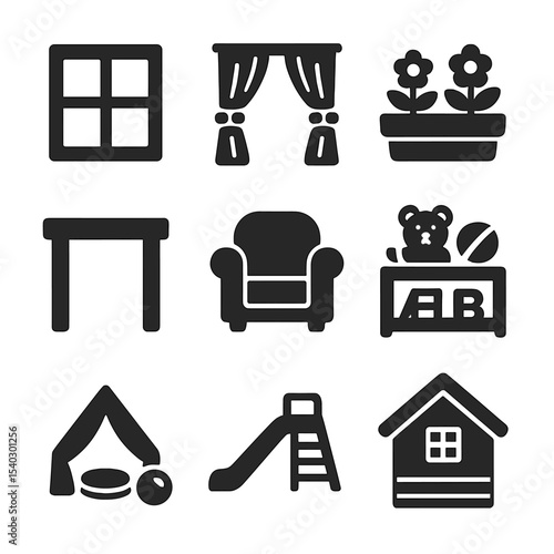 Playhouse Icon Set. Solid, filled icons set of charming playhouse details: window icon, curtain icon, flower