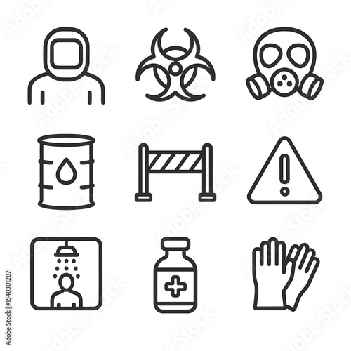 Hazmat Response Icons. Outline icon set of hazardous materials response: hazmat suit, biohazard symbol, gas mask, chemical drum,