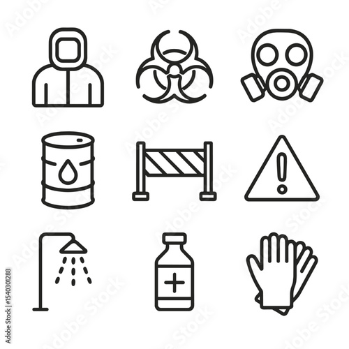 Hazmat Response Icons. Outline icon set of hazardous materials response: hazmat suit, biohazard symbol, gas mask, chemical drum,