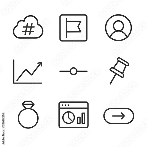 Hashtag Campaign Icons. Outline icon set of hashtag campaign components: hashtag cloud, campaign logo, user mention, trending