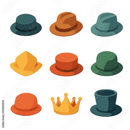 Hat Silhouette Icons. Isometric Flat icon set of hat silhouettes and crowns: dome crown, center crease, pinch front, diamond crown