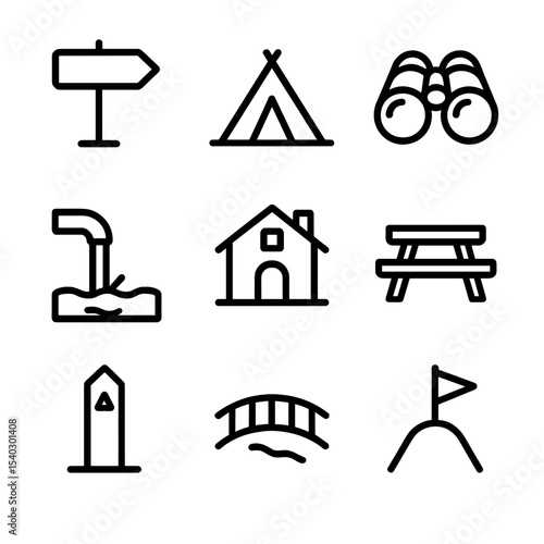 Hiking Trail Icon Set. Outline icon set of hiking trail route stops: trailhead sign, campsite tent, viewpoint binoculars, water