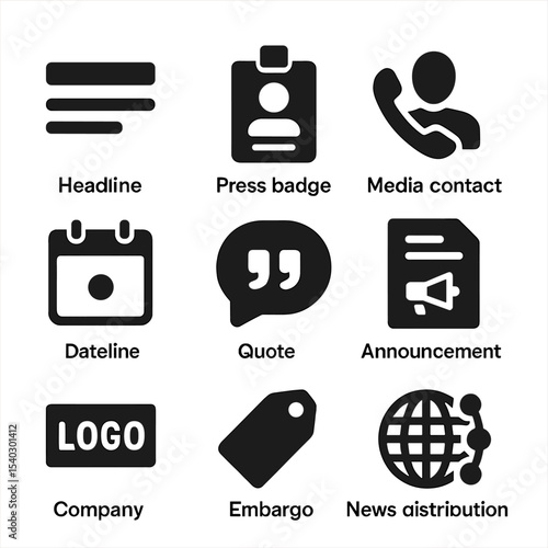 Press Release Icons. Solid, filled icons set of press release elements: headline icon, press badge, media
