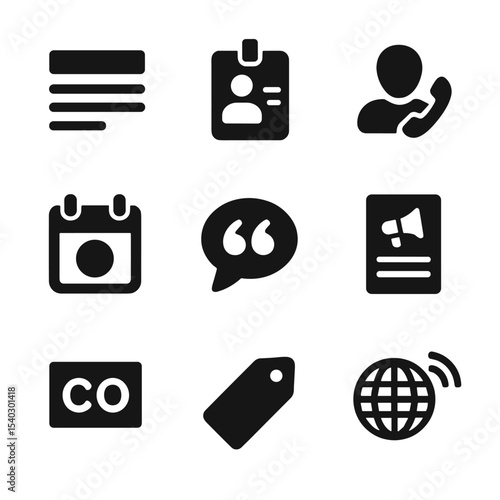 Press Release Icons. Solid, filled icons set of press release elements: headline icon, press badge, media