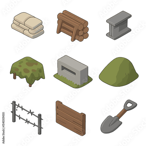 Hilltop Fortification Icons. Isometric Flat icon set of hilltop fortifications: sandbag wall, wooden revetment, steel support beam