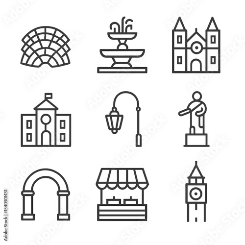 Historic City Bike Icons. Outline icon set of historic city center bike loops: cobblestone street, fountain, cathedral, town hall,