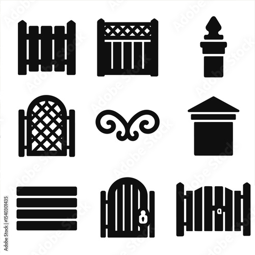 Privacy Fencing Icons. Solid, filled icons set of privacy and decorative fencing: vinyl panel, lattice top,