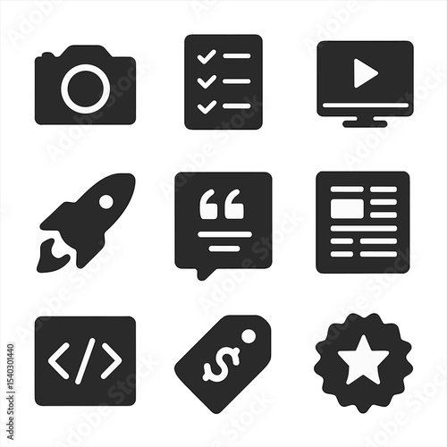Product Launch Icons. Solid, filled icons set of product launch press kits: product photo, feature list, demo