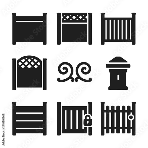 Privacy Fencing Icons. Solid, filled icons set of privacy and decorative fencing: vinyl panel, lattice top,