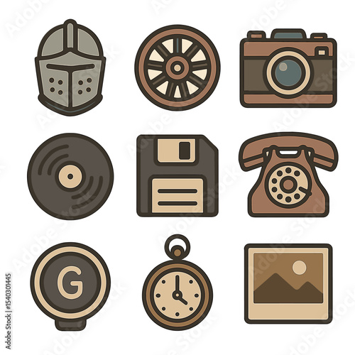 Historical Era Icon Grid. Flat icon set of historical era themes: medieval helmet, steam locomotive wheel, vintage camera, vinyl