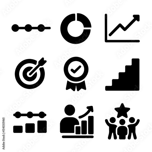 Progress Tracking Icons. Solid, filled icons set of progress tracking tools: timeline, progress chart, graph,