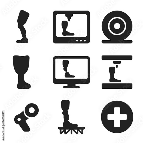 3D Prosthetics Icons. Solid, filled icons set of 3D printing for prosthetics: prosthetic limb, 3D printer,
