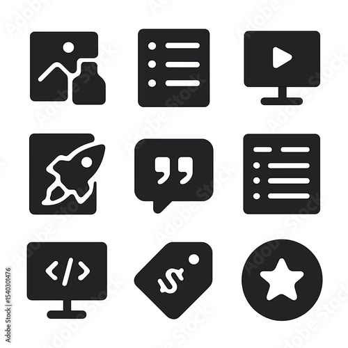 Product Launch Icons. Solid, filled icons set of product launch press kits: product photo, feature list, demo