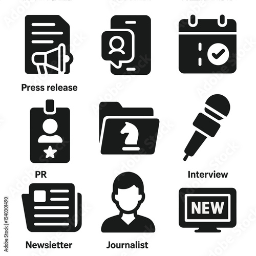 Public Relations Icons. Solid, filled icons set of public relations and outreach: press release, media contact