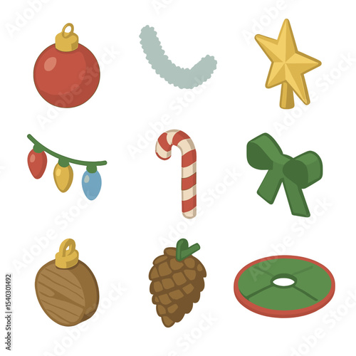 Holiday Tree Icons. Isometric Flat icon set of holiday tree decorating: glass ornament, tinsel garland, star tree topper, string